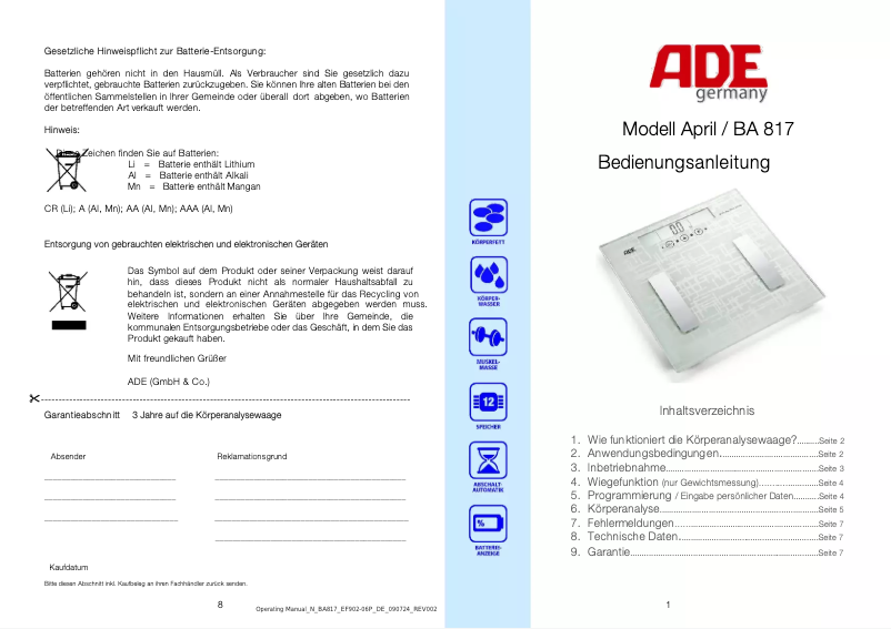 Page 1 de la notice Manuel utilisateur ADE April BA 817