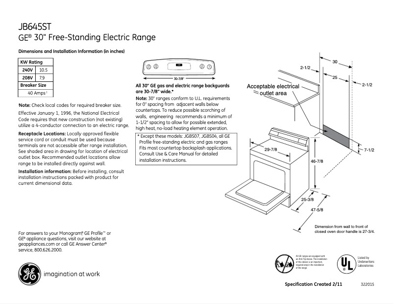 Page n°1 - Fiche technique GE JB645STSS
