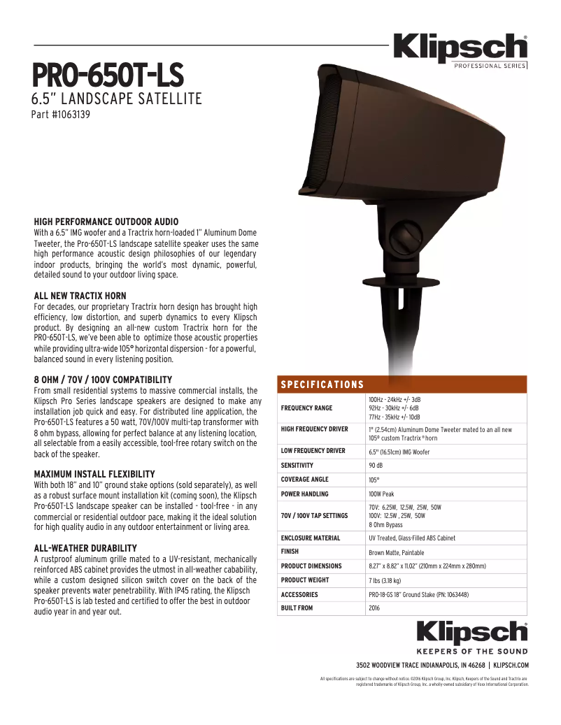 Page 1 de la notice Fiche technique Klipsch PRO-650T-LS