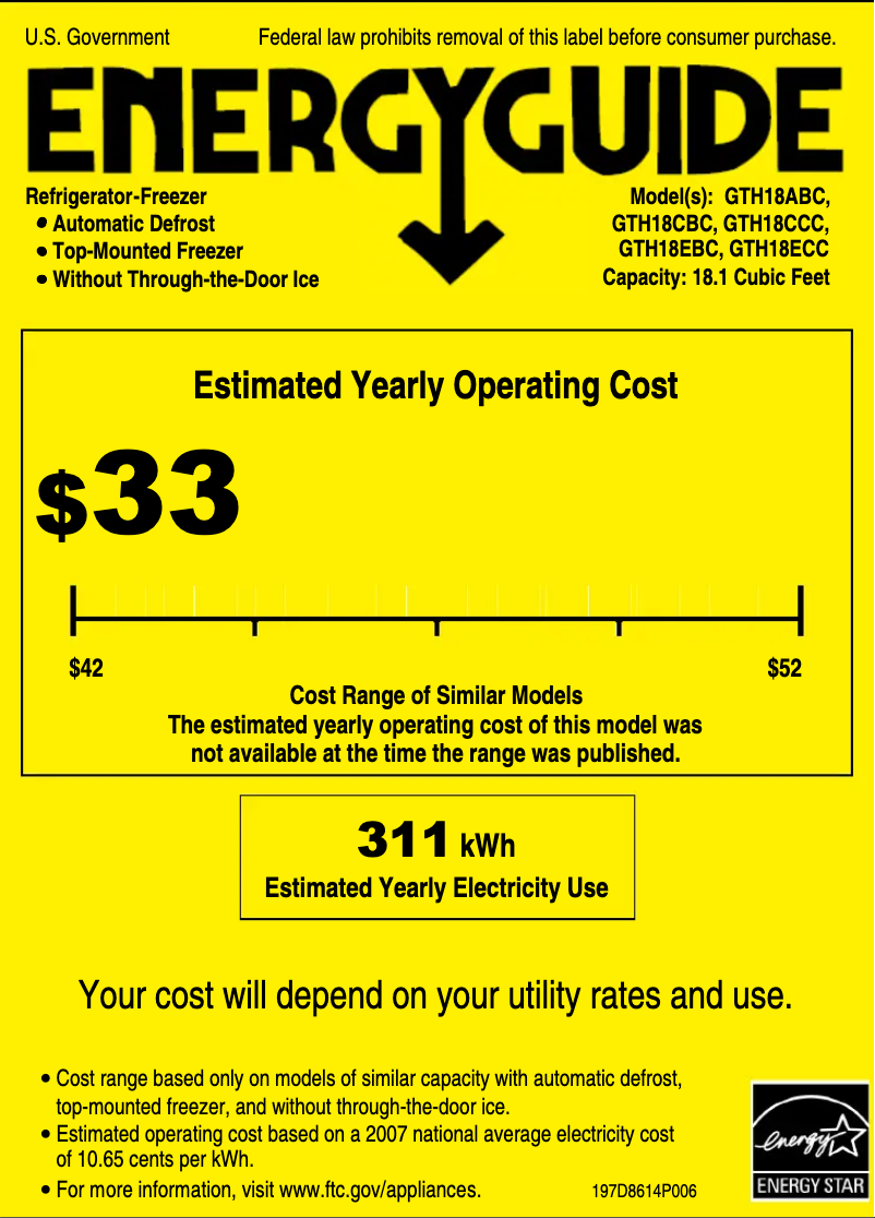 Página 1 del manual Etiqueta energética GE GTH18CCCRCC