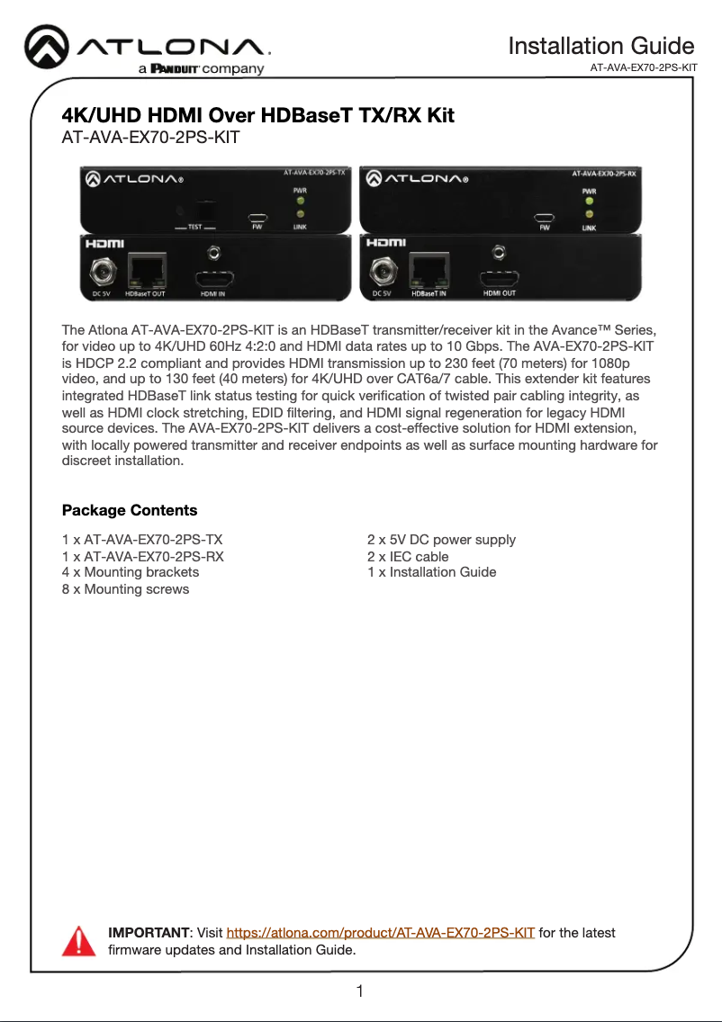 Page 1 de la notice Manuel utilisateur Atlona AT-AVA-EX70-2PS-KIT