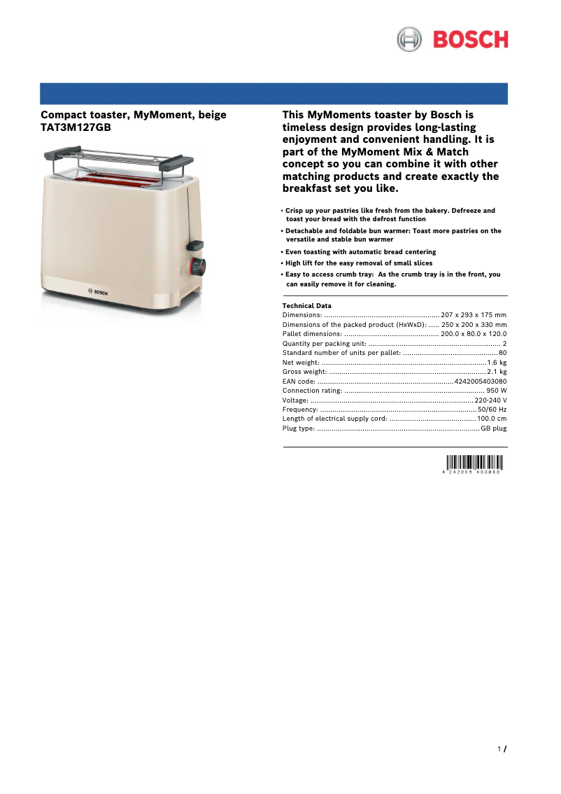 Page 1 de la notice Fiche technique Bosch TAT3M127