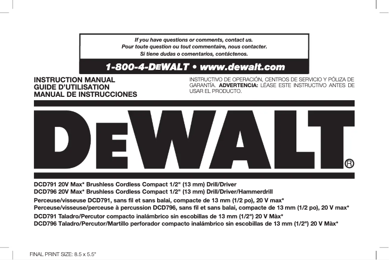 Page n°1 - Manuel utilisateur DeWalt DCD785