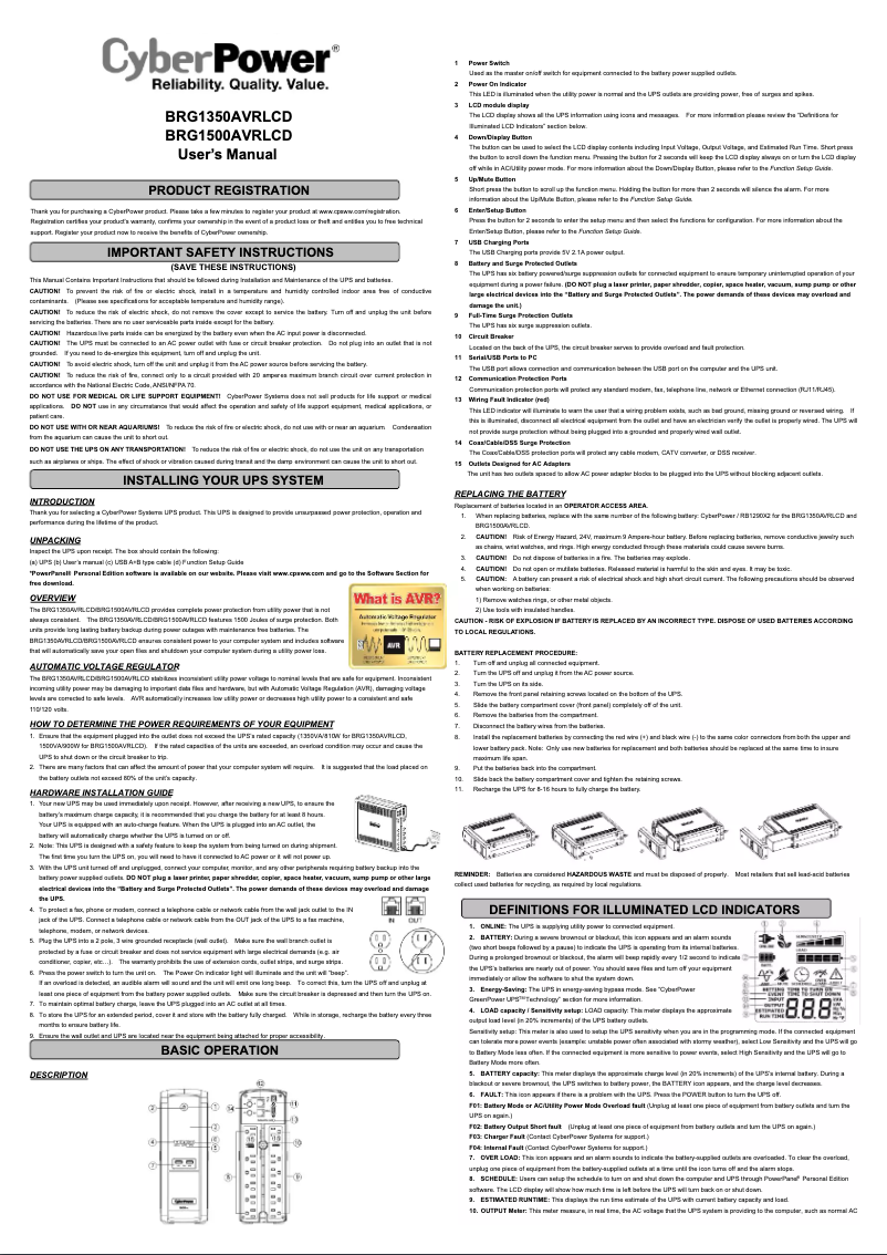 Page 1 de la notice Manuel utilisateur CyberPower Intelligent LCD BRG1350AVRLCD