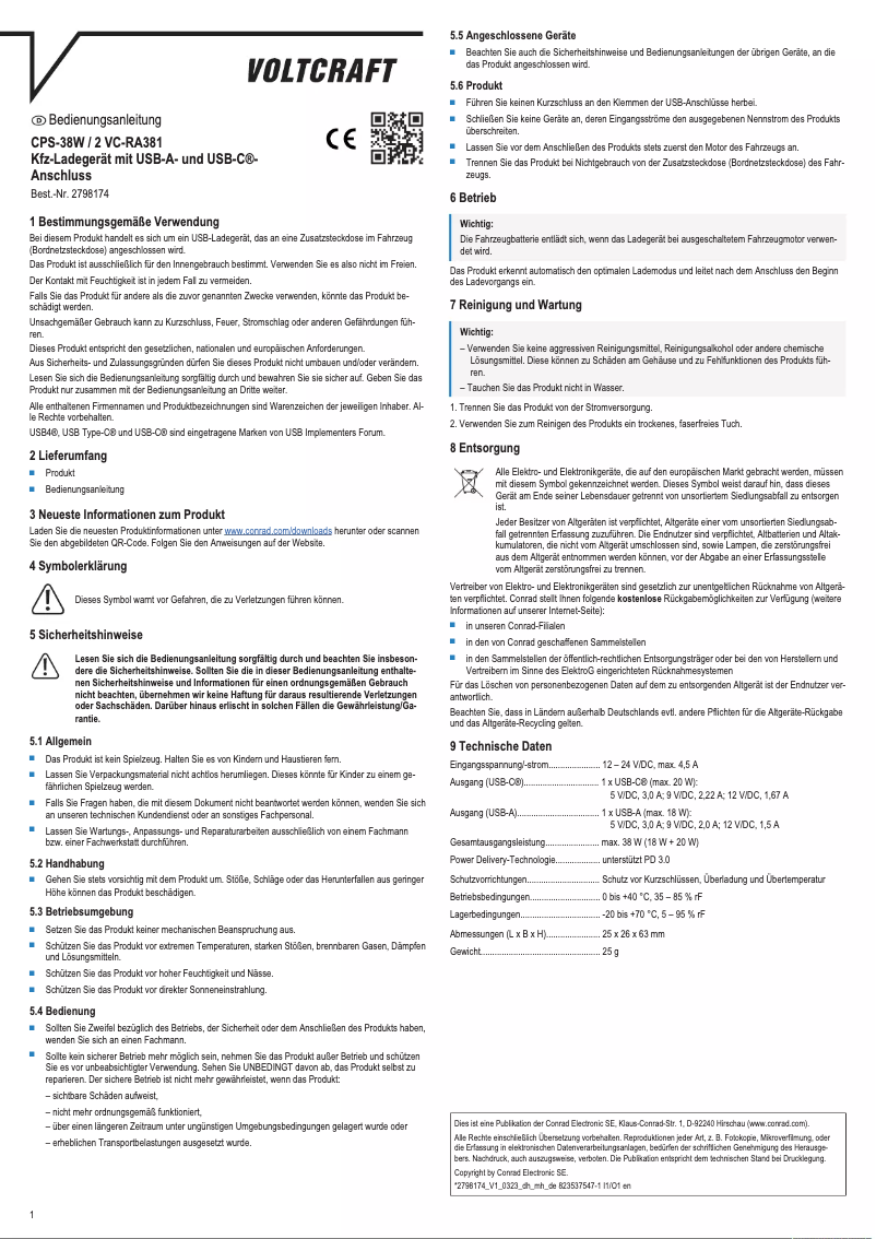 Page 1 de la notice Manuel utilisateur Voltcraft CPS-38W