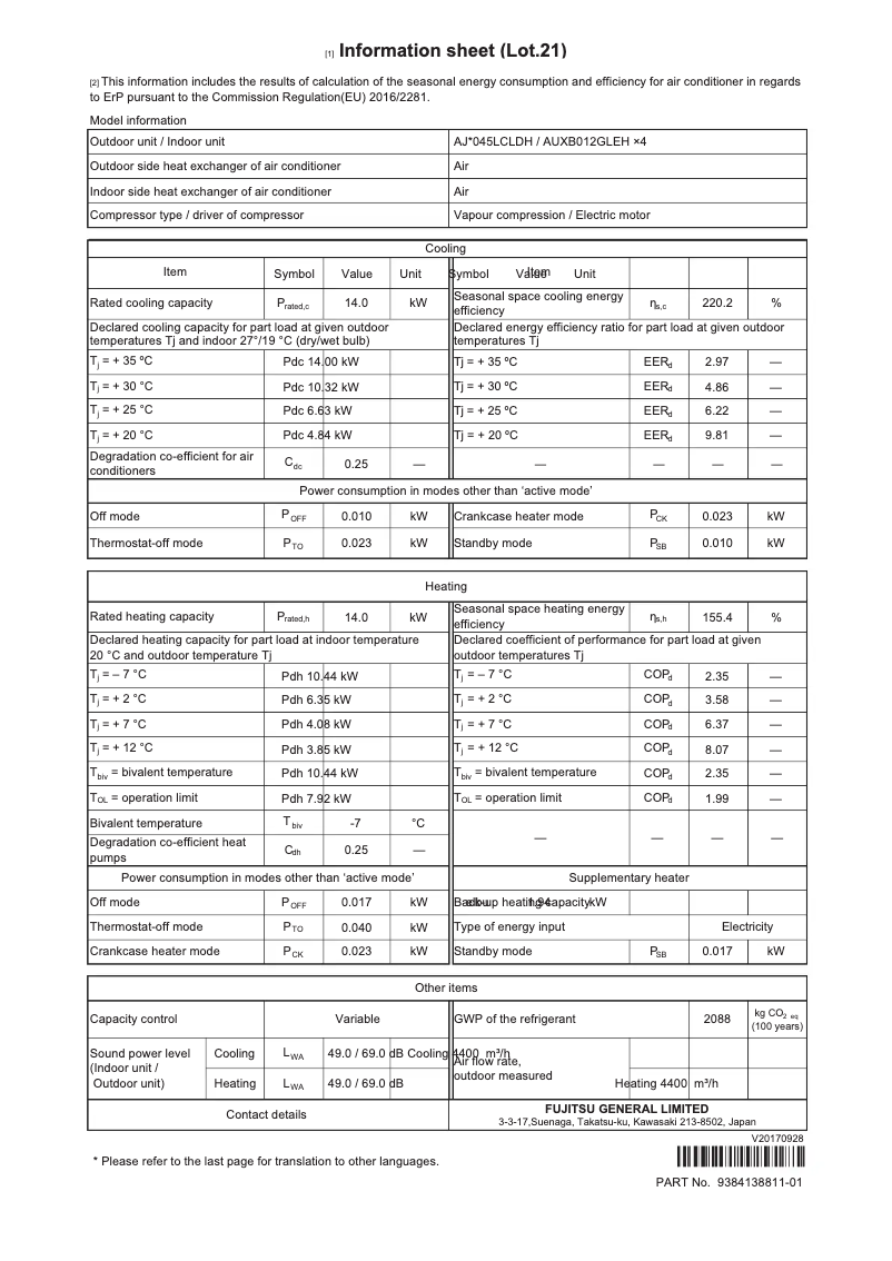 Page 1 de la notice Fiche technique Fujitsu AJH045LCLDH