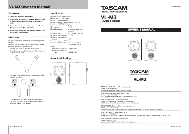 Page n°1 - Manuel utilisateur Tascam VL-M3