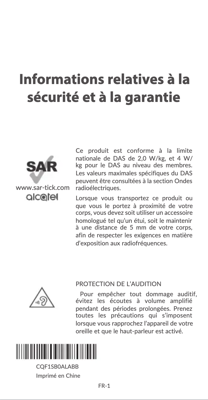 Page 1 de la notice Instructions de sécurité Alcatel 1T7 4G