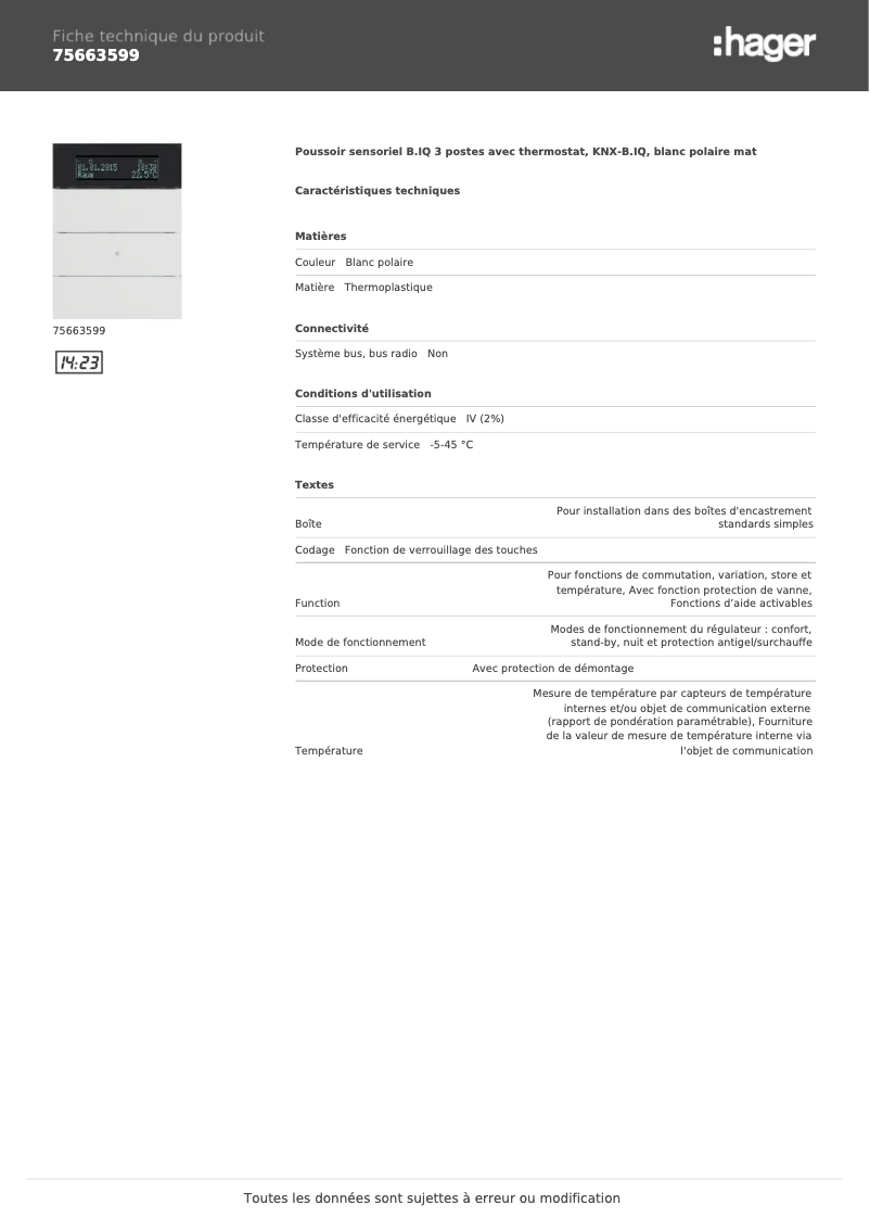 Page n°1 - Fiche technique Hager 75663599