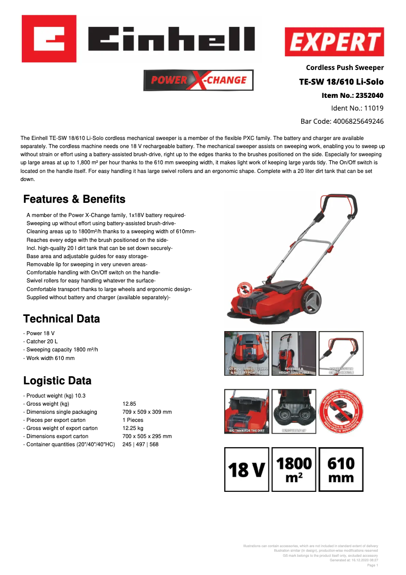 Page n°1 - Fiche technique Einhell TE-SW 18/610 Li-Solo