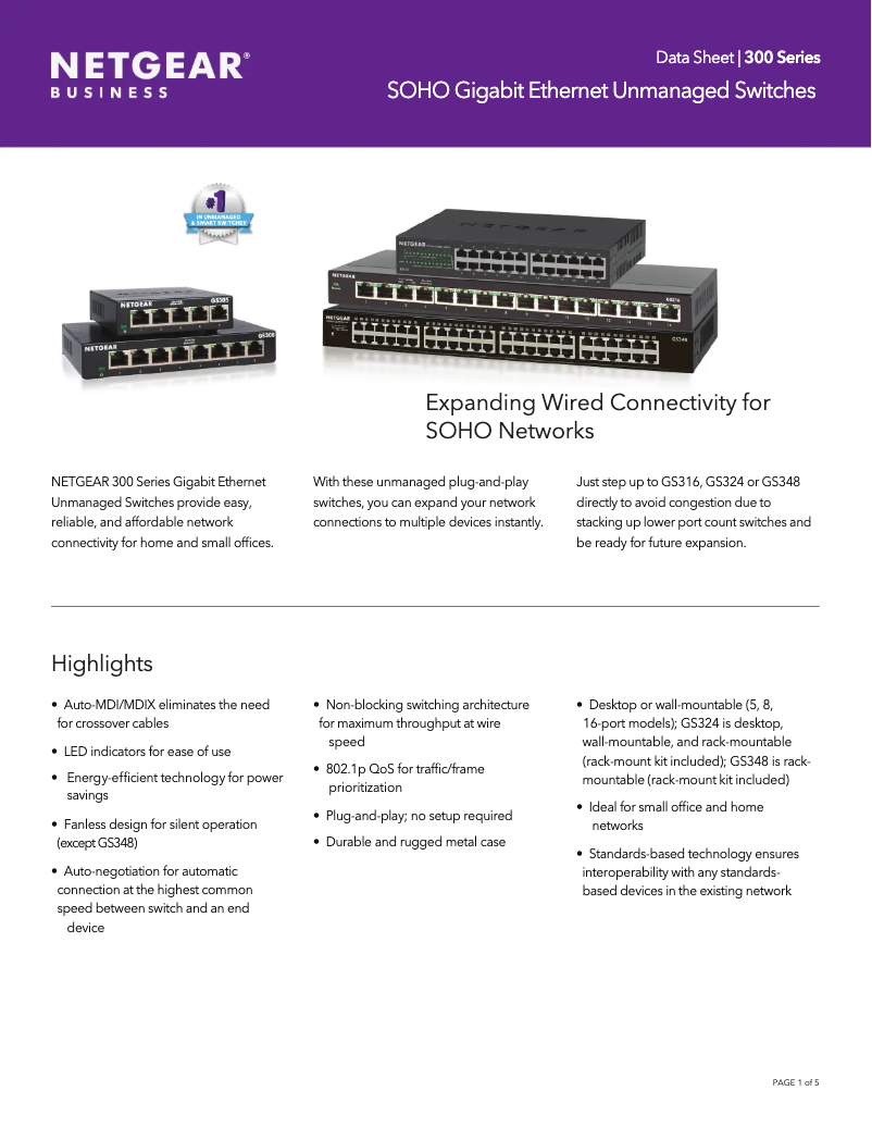 Page 1 de la notice Fiche technique Netgear GS316