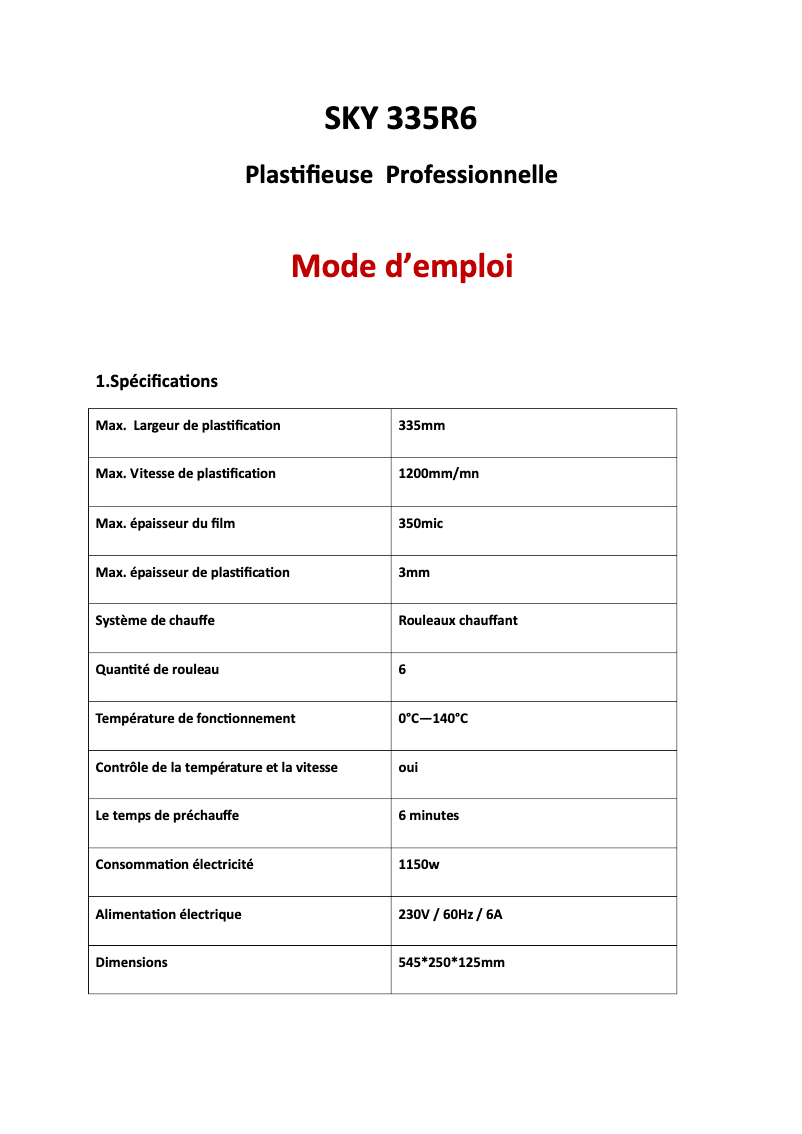 Page n°1 - Manuel utilisateur Sky 335R6