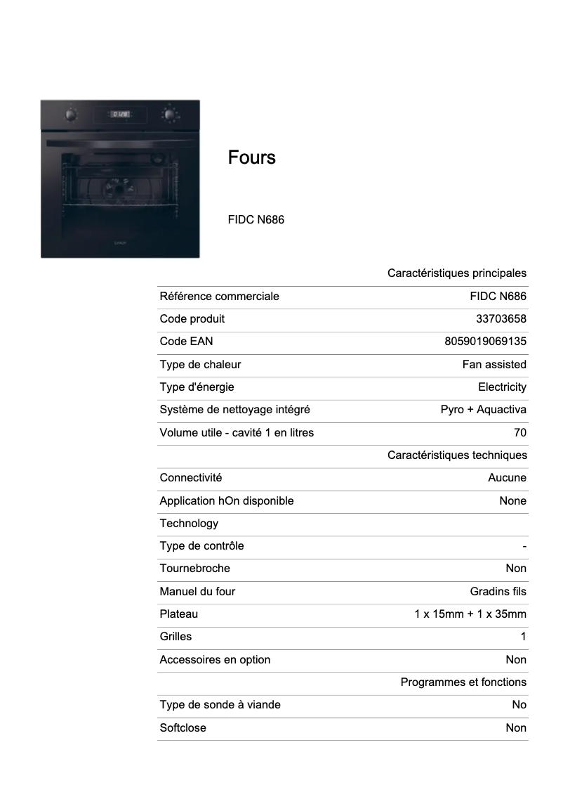 Page 1 de la notice Fiche technique Candy FIDC N686