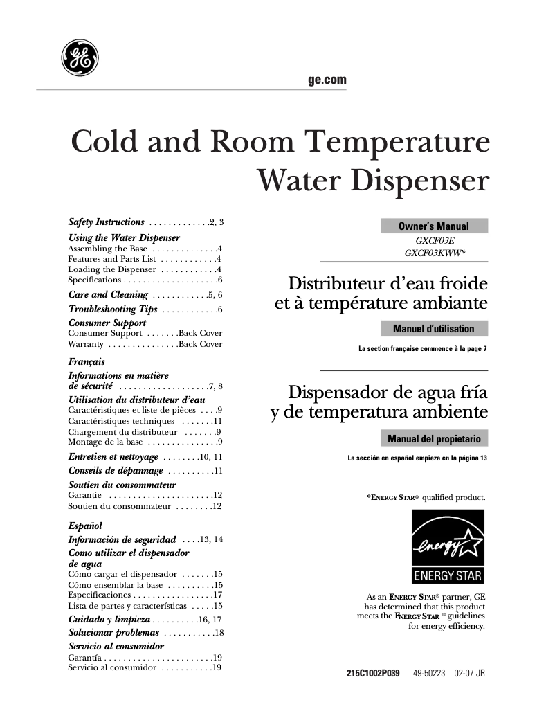 Page n°1 - Manuel utilisateur GE GXCF03E