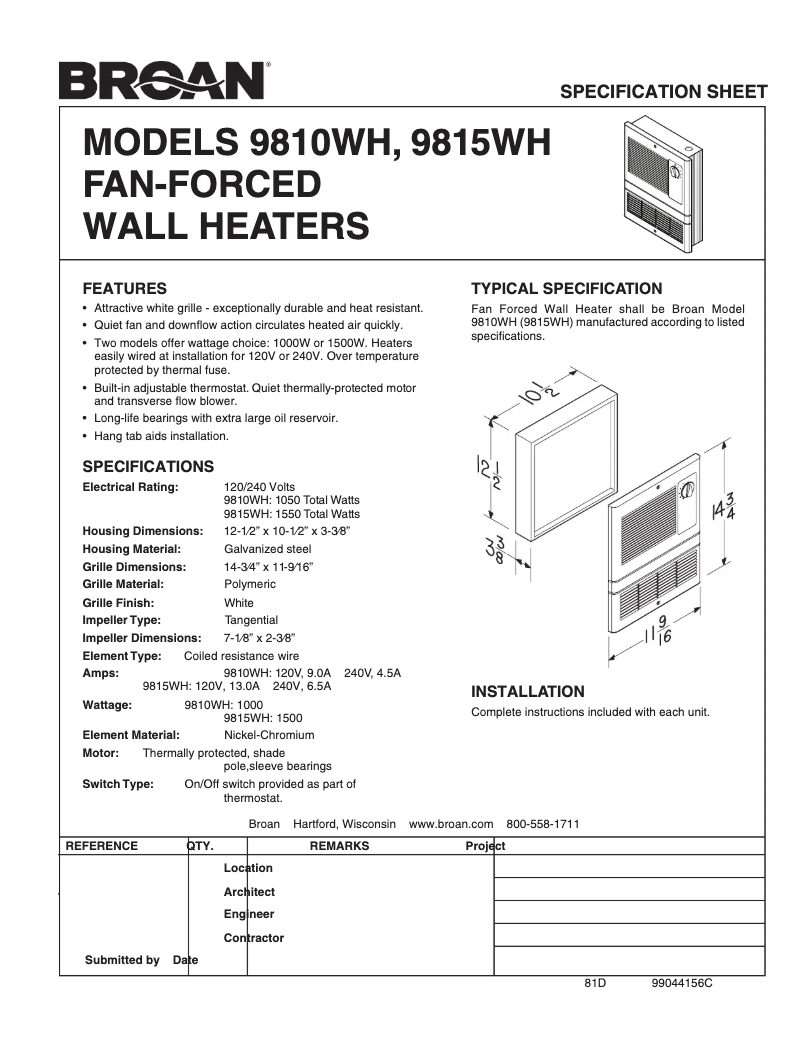 Page 1 de la notice Fiche technique Broan 9815WH
