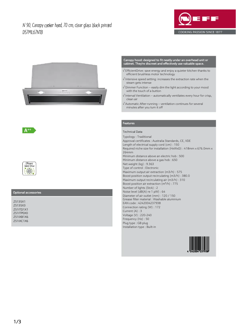 Page 1 de la notice Fiche technique Neff D57ML67N1B