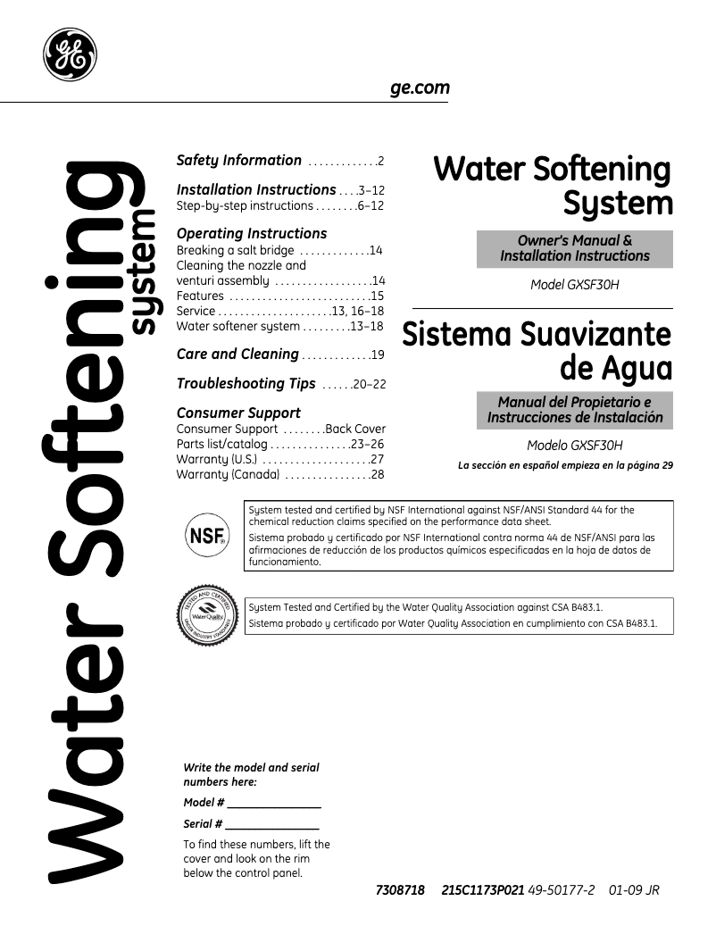 Page n°1 - Manuel d'utilisation et d'entretien GE GXSF30H