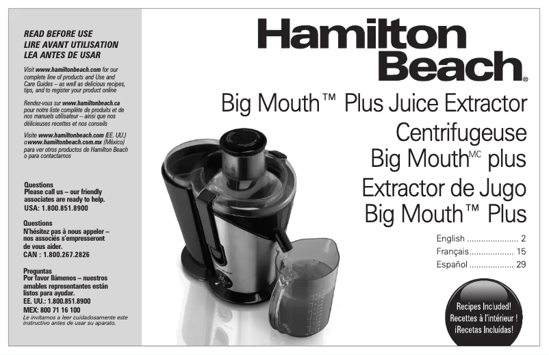 Page 1 de la notice Manuel d'utilisation et d'entretien Hamilton Beach Big Mouth 67750
