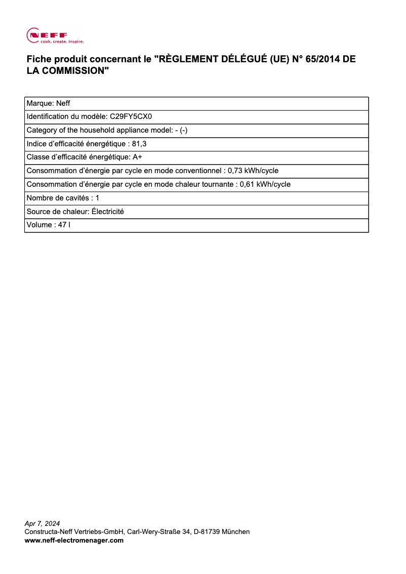 Page n°1 - Label énergétique Neff C29FY5CX0