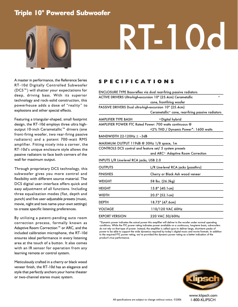 Page 1 de la notice Fiche technique Klipsch RT-10D