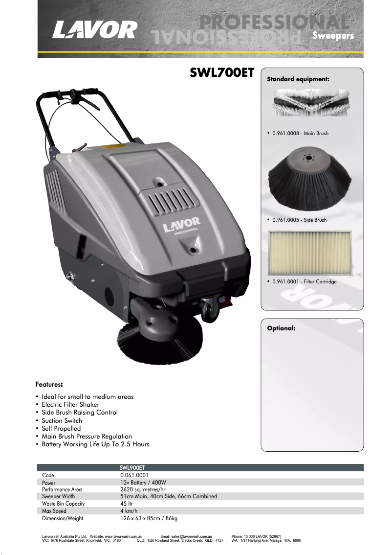 Page 1 de la notice Fiche technique Lavorwash SWL700ET