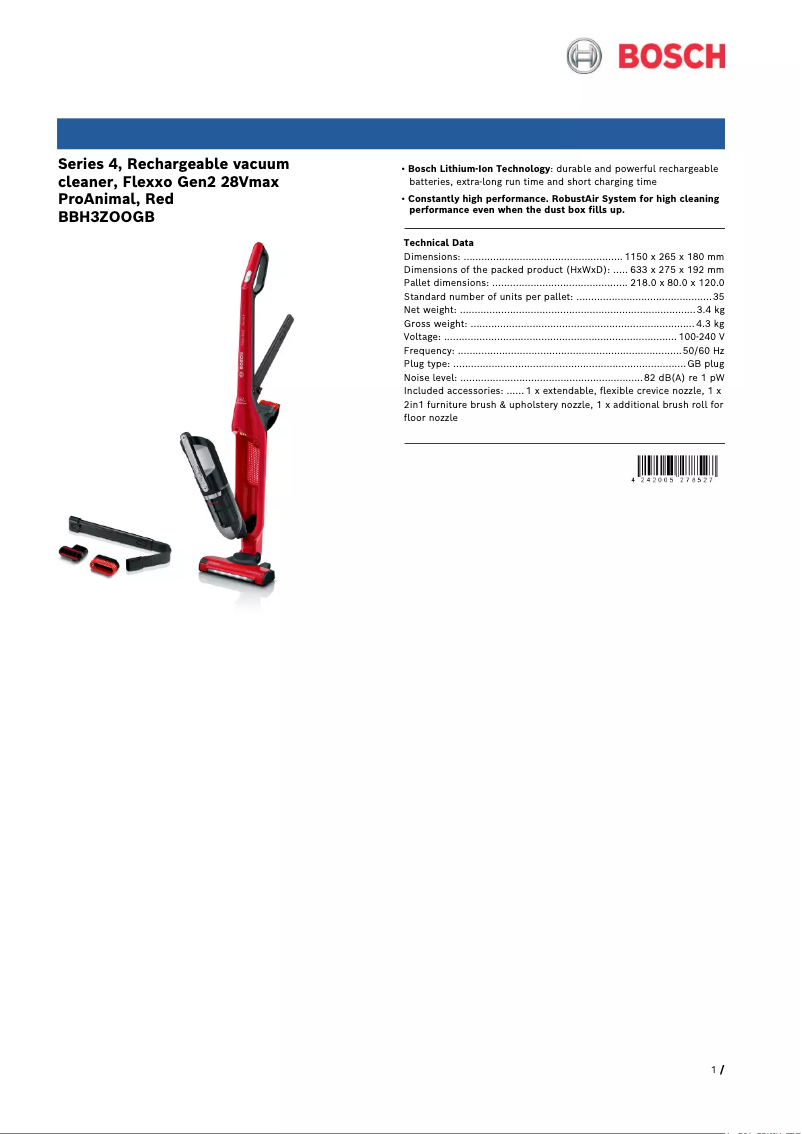 Page 1 de la notice Fiche technique Bosch Flexxo Serie 4 BBH3ZOOGB