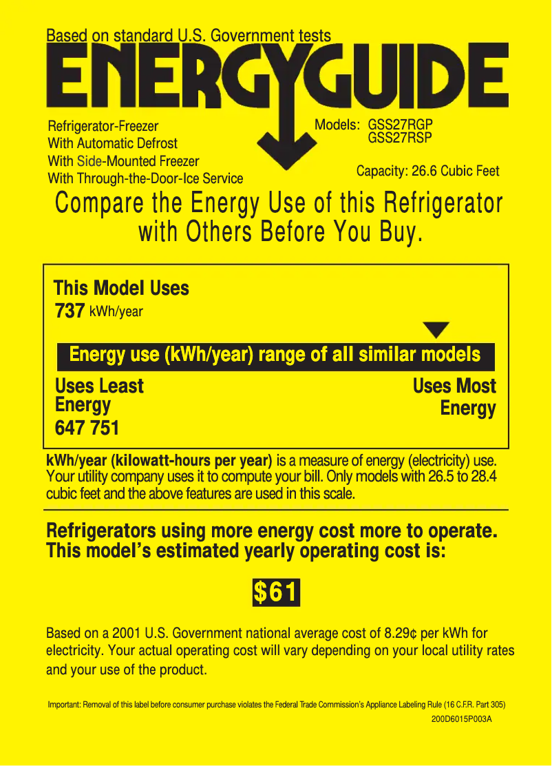 Page 1 de la notice Label énergétique GE GSS27RGPBB