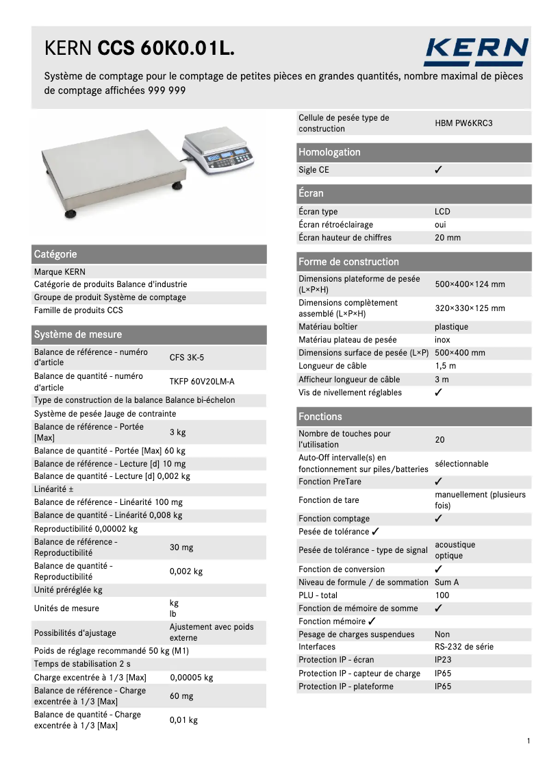 Page 1 de la notice Fiche technique Kern CCS 60K0.01L