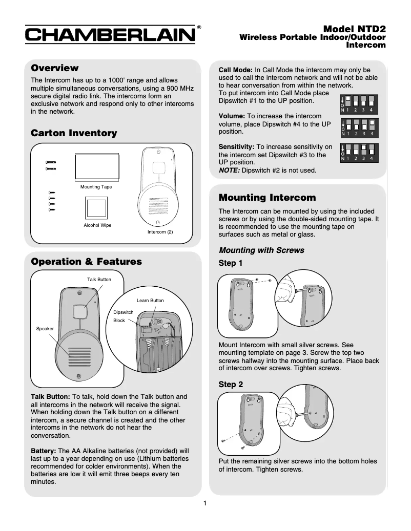 Page 1 de la notice Manuel utilisateur Chamberlain NTD2