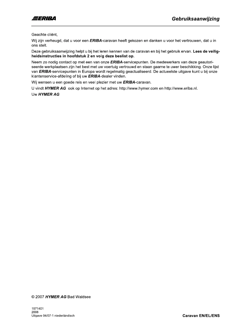 Page n°1 - Manuel utilisateur Eriba Nova 530 GL (2008)