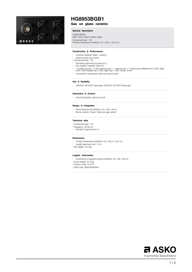 Page 1 de la notice Fiche technique Asko HG8953BGB1