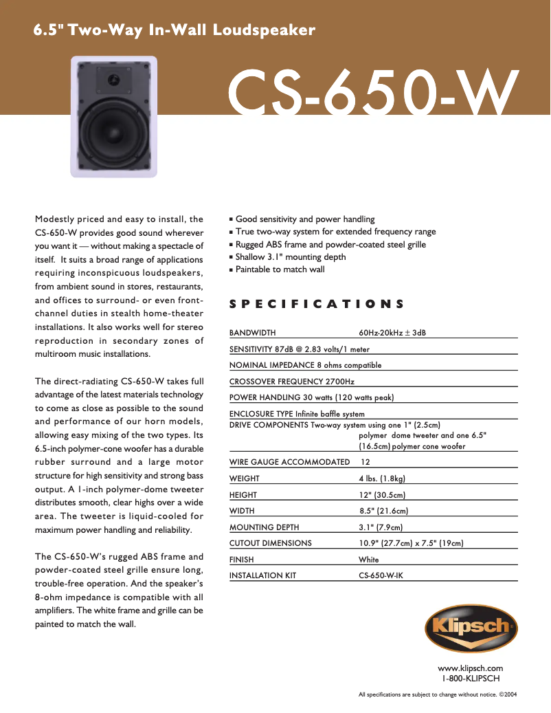 Page n°1 - Fiche technique Klipsch CS-650-W