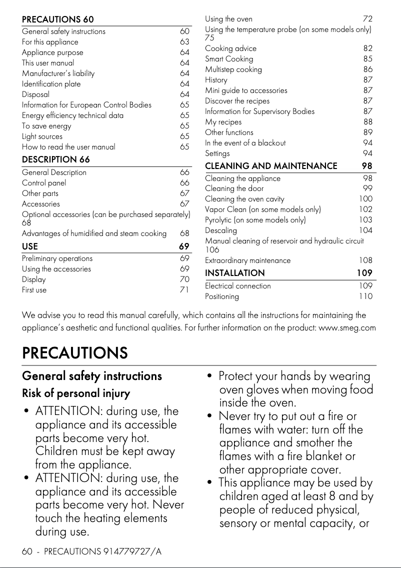 Page 1 de la notice Fiche technique Smeg SOP6104S2PS