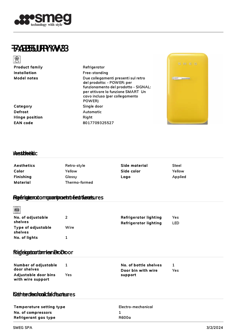 Page 1 de la notice Fiche technique Smeg FAB5URYW3
