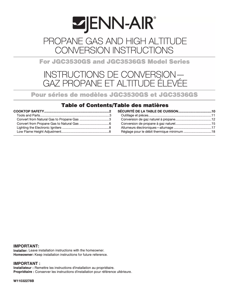Page 1 de la notice Instructions / montage JennAir JGC3530GS