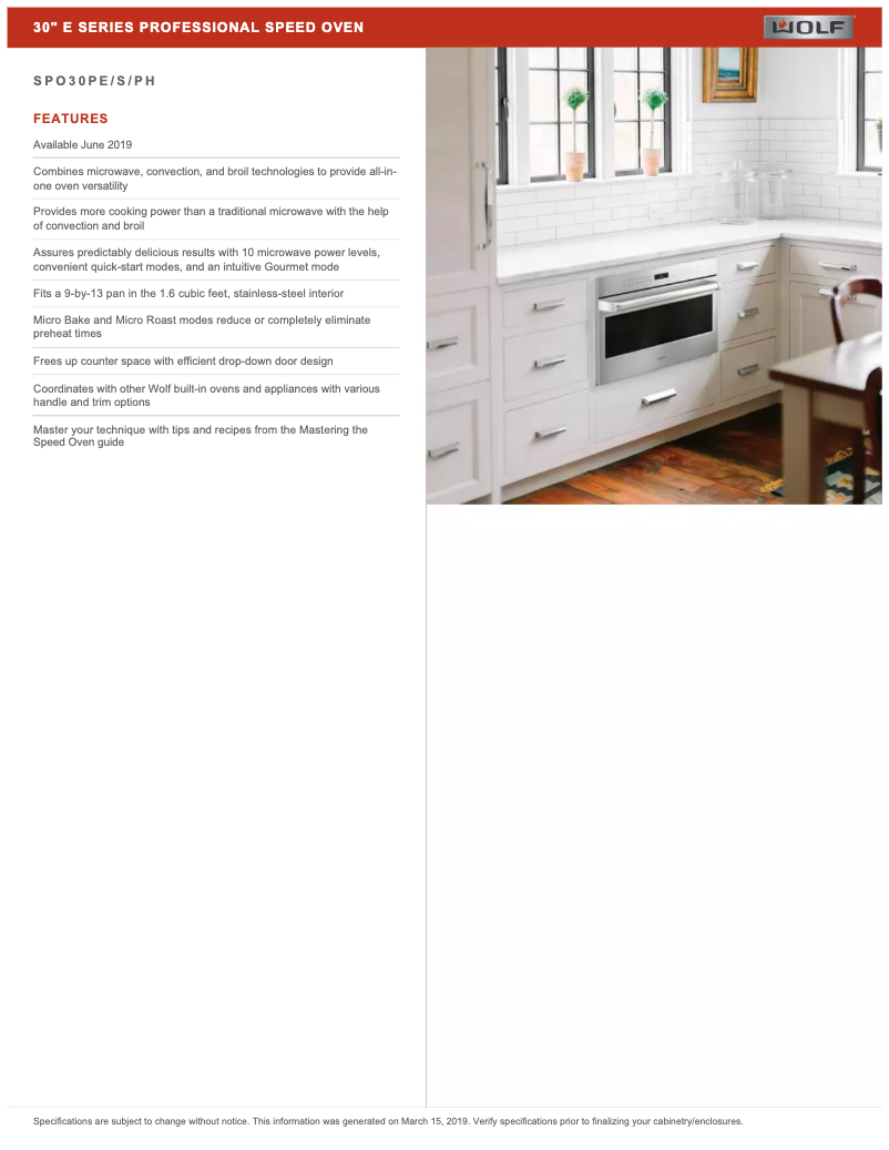 Page 1 de la notice Fiche technique Wolf E Series SPO30PE/S/PH