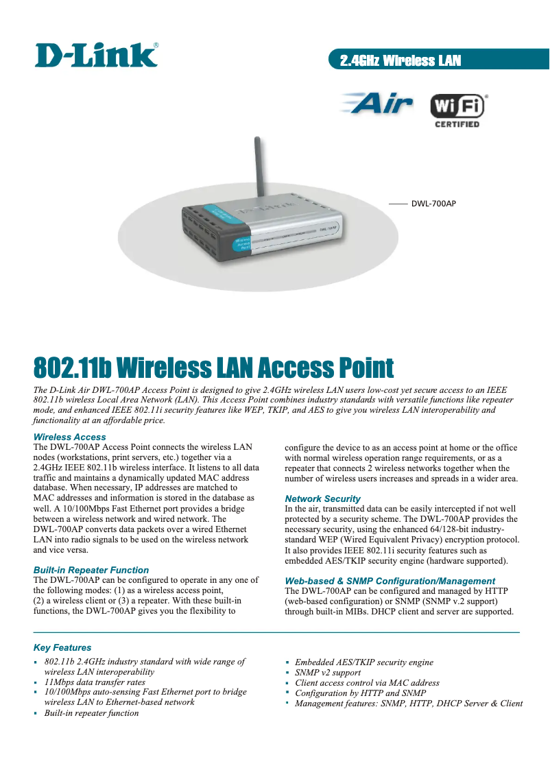 Page n°1 - Fiche technique D-Link DWL-700AP