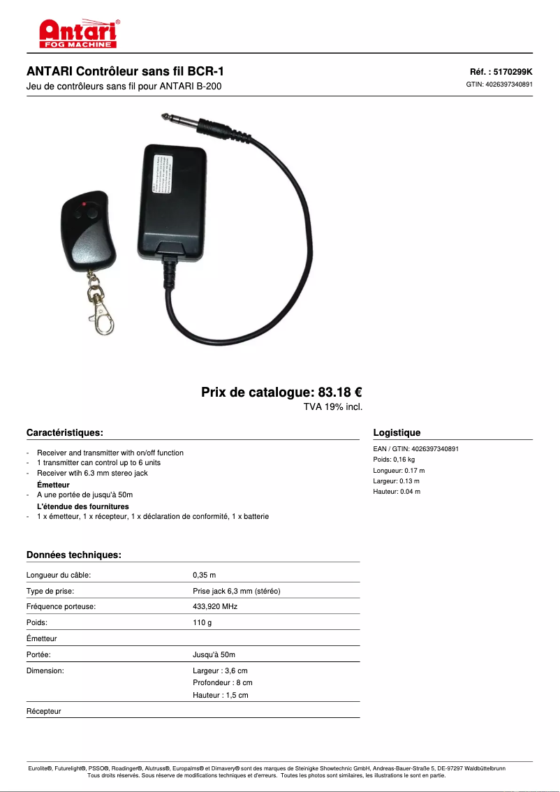 Page 1 de la notice Fiche technique Antari BCR-1