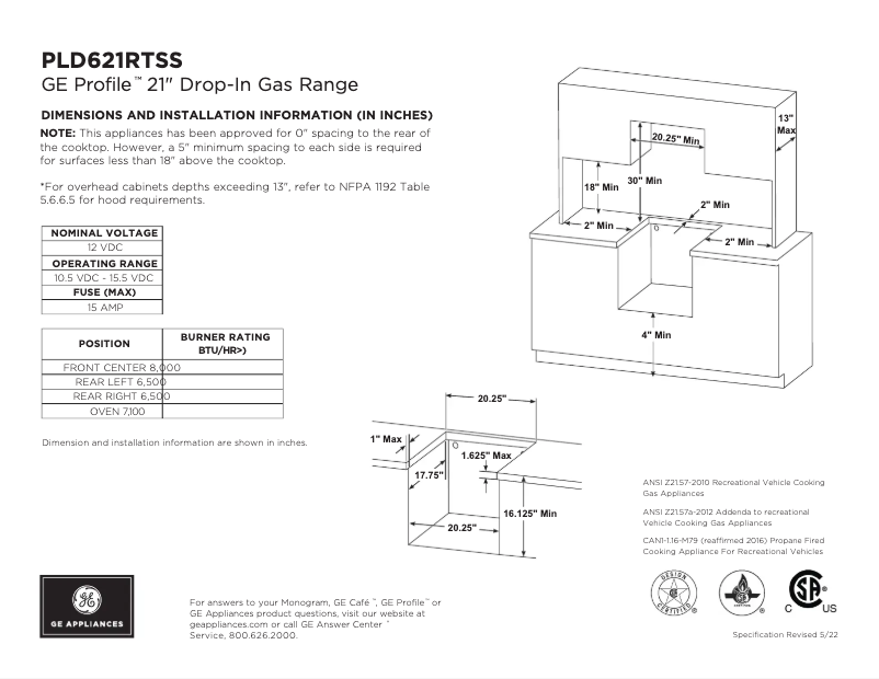 Page 1 of the manual Technical Sheet GE Profile PLD621RTSS