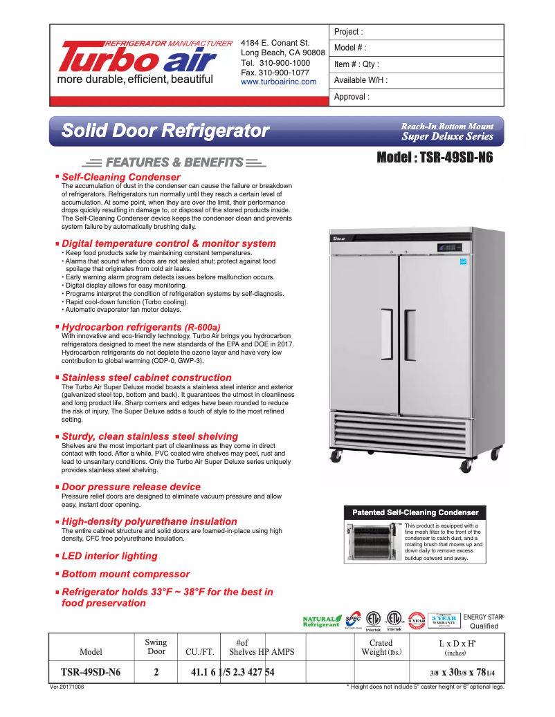 Page 1 de la notice Fiche technique Turbo air TSR-49SD
