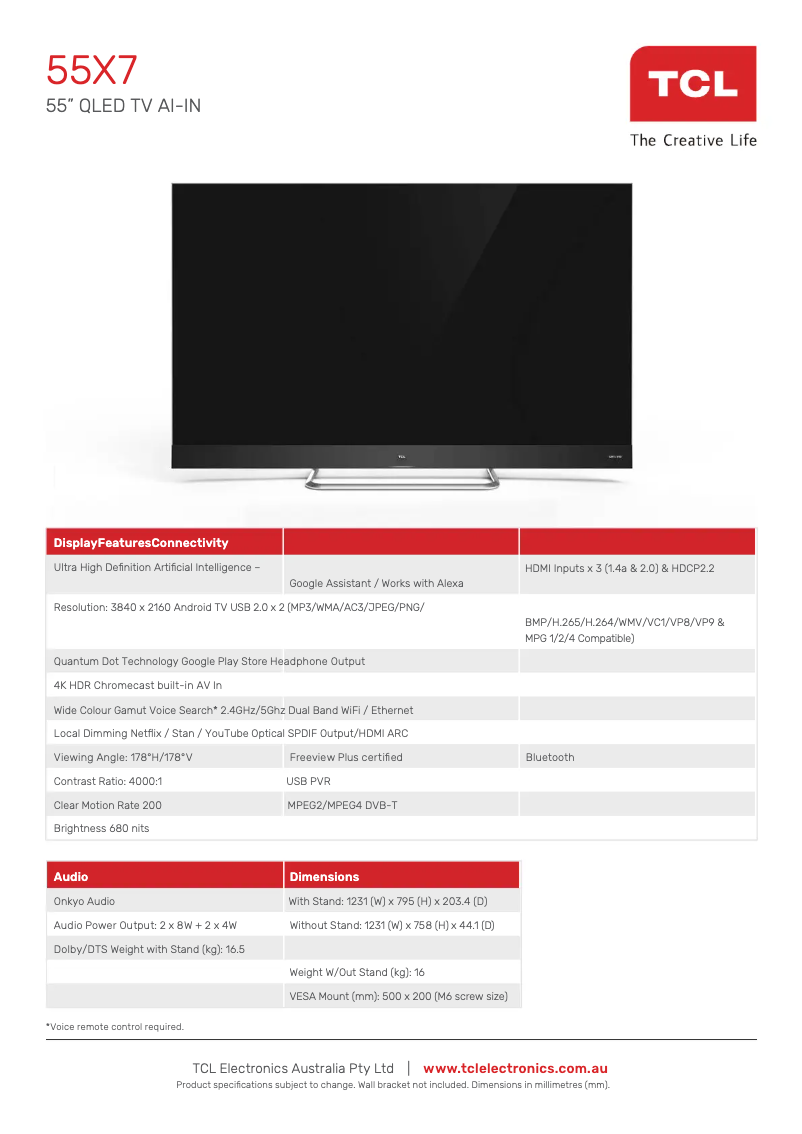 Page 1 de la notice Fiche technique TCL 55X7