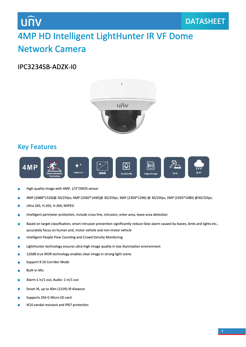 Page 1 de la notice Fiche technique UniView IPC3234SB-ADZK-I0