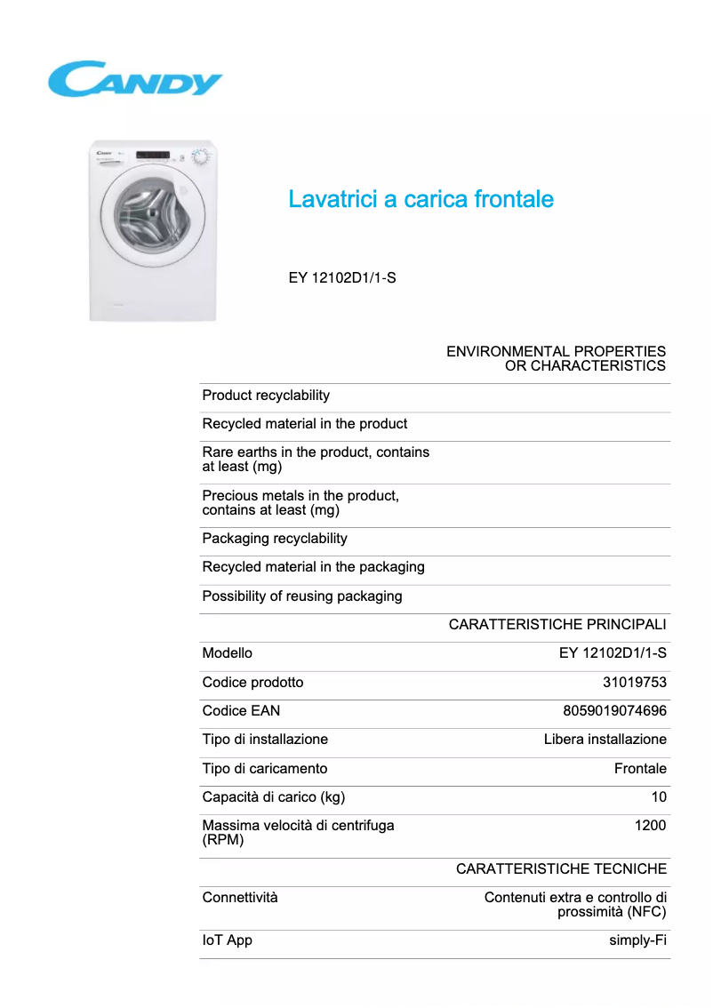 Page 1 de la notice Fiche technique Candy EY 12102D1/1-S