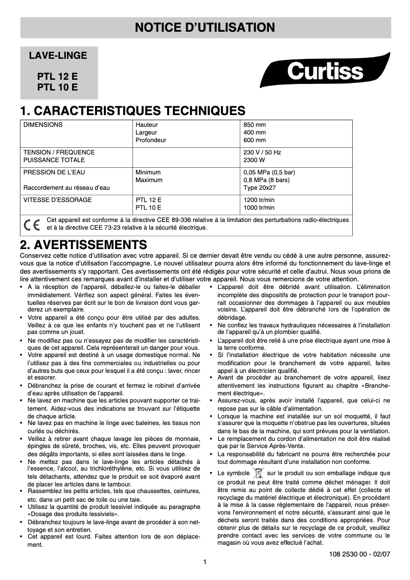 Page n°1 - Manuel utilisateur Curtiss PTL 10 E