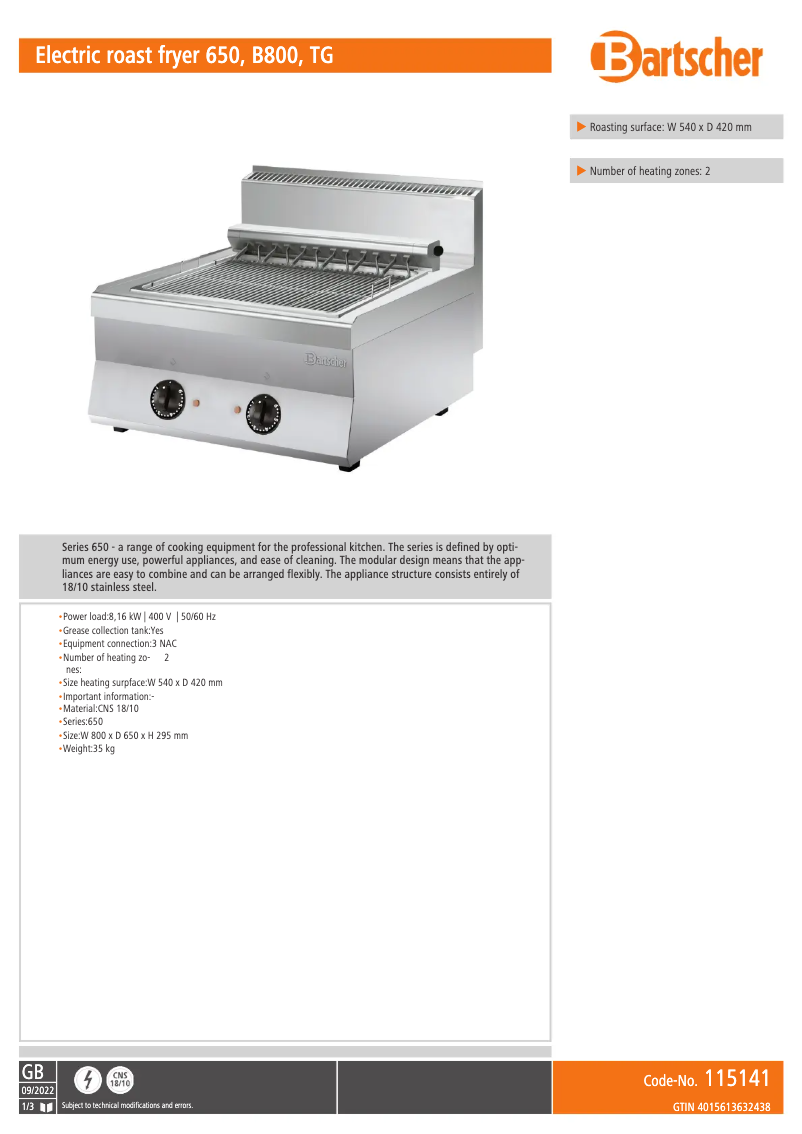 Page 1 de la notice Fiche technique Bartscher 115141