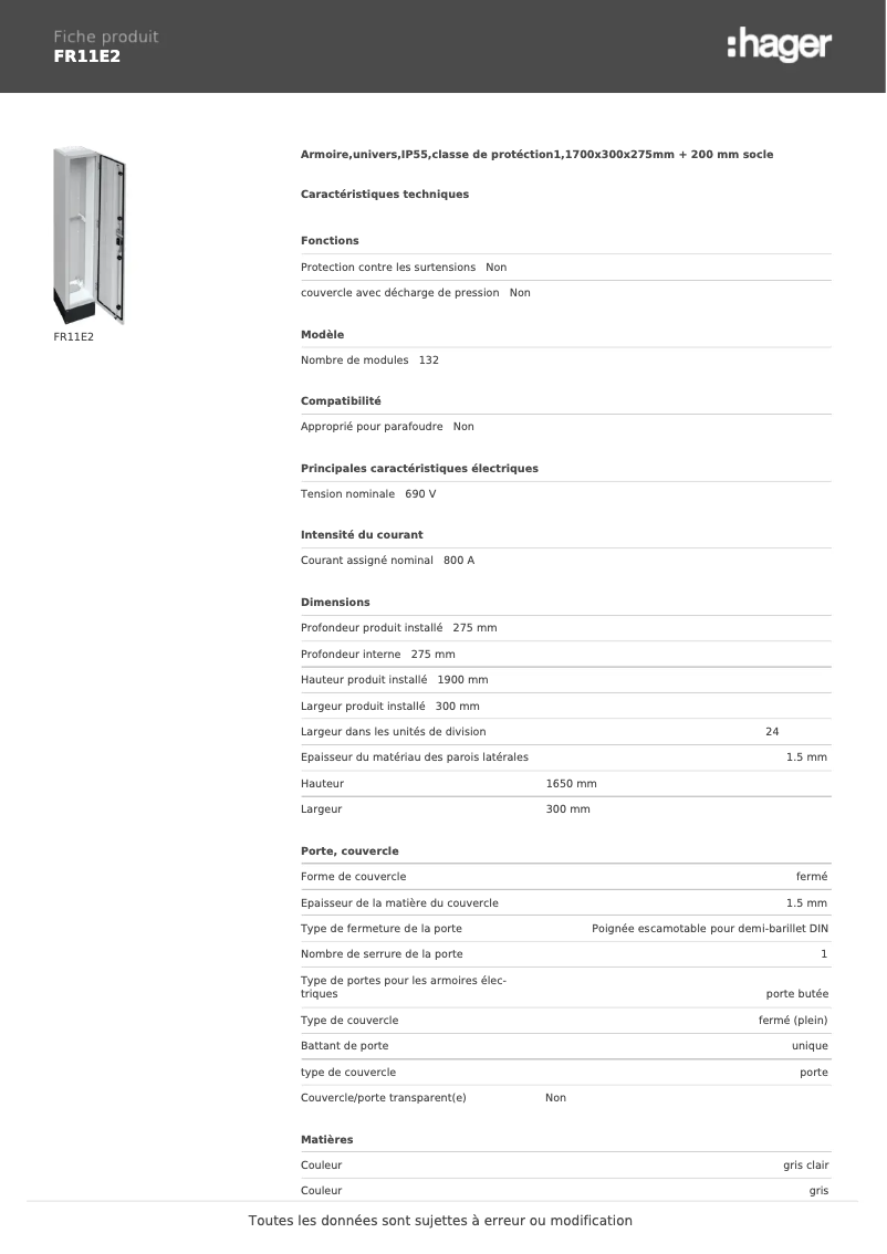 Page 1 de la notice Fiche technique Hager FR11E2