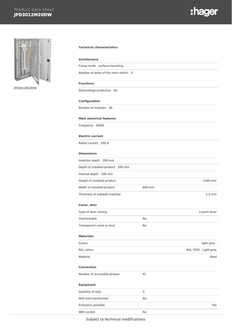 Page 1 de la notice Fiche technique Hager JPD3012M20DW