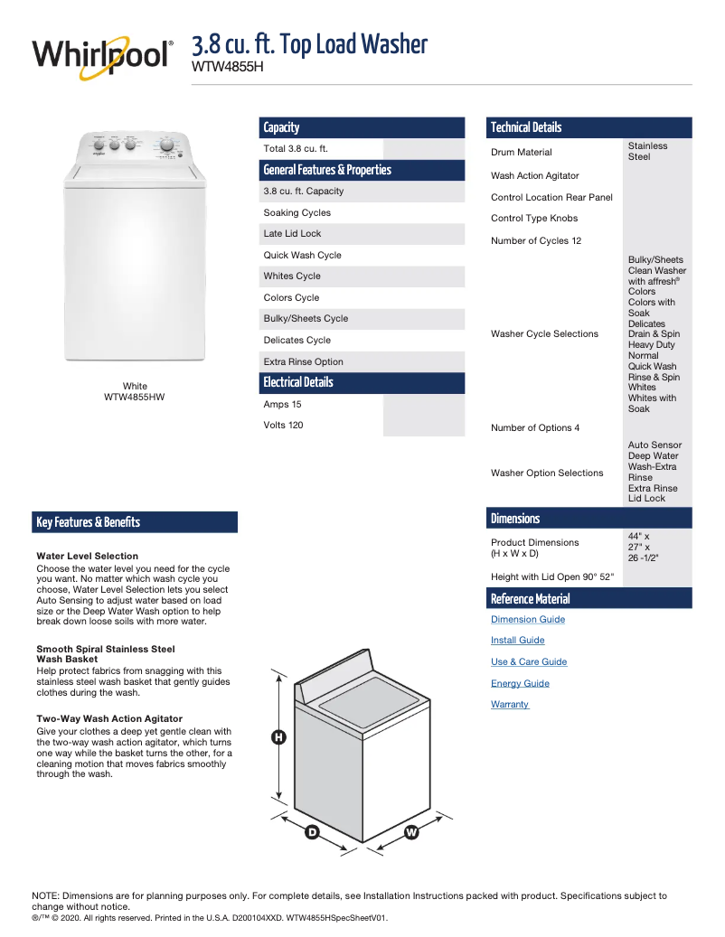 Page 1 de la notice Fiche technique Whirlpool WHLAUWED4850HW