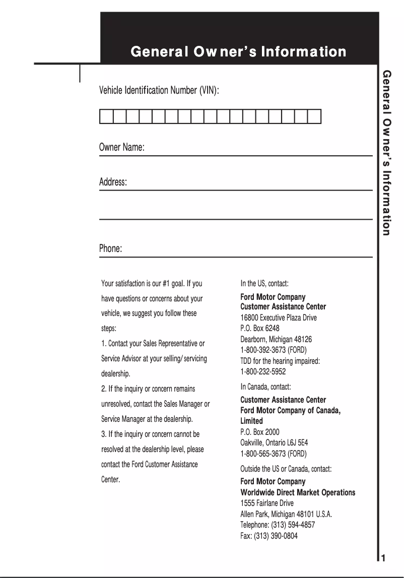 Page n°1 - Manuel d'utilisation et d'entretien Ford E-250 (1999)