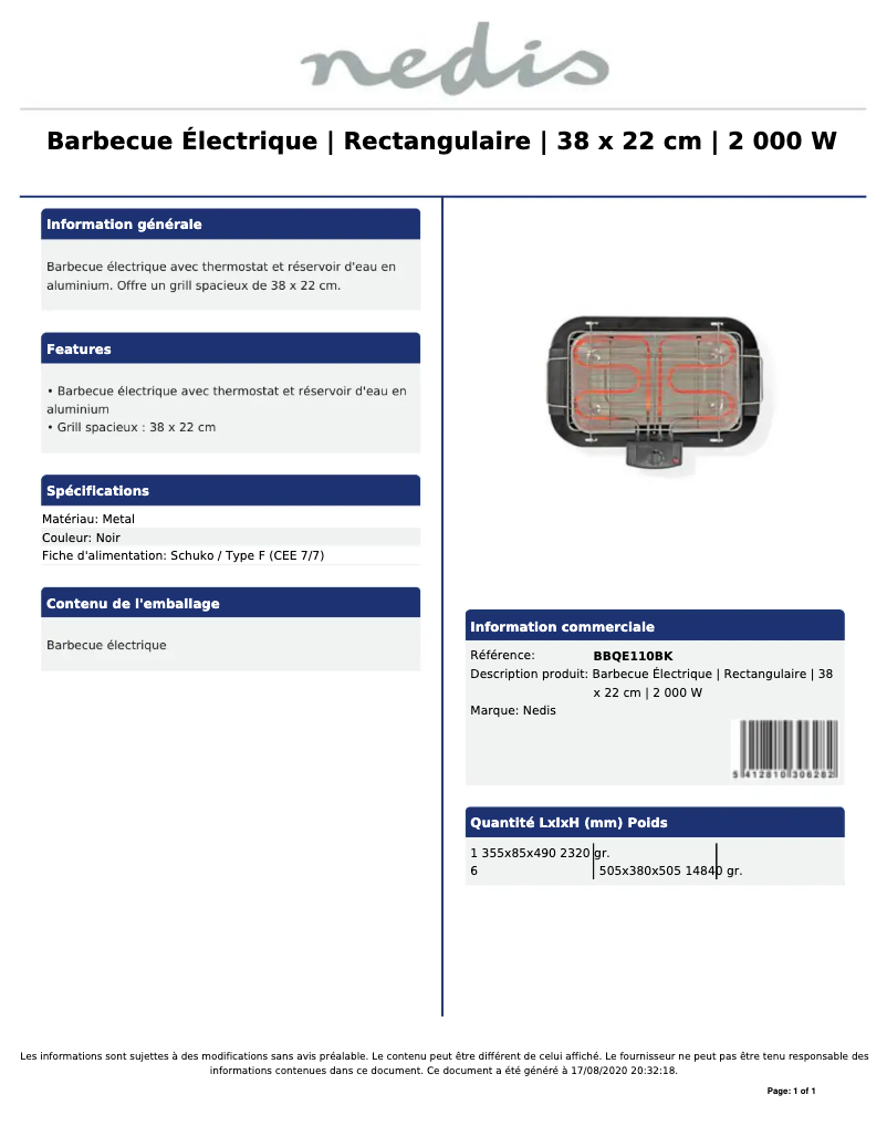 Page 1 de la notice Manuel utilisateur Nedis BBQE110BK